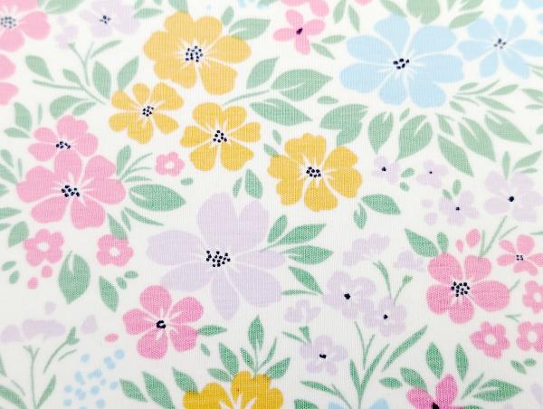 Baumwolljersey Pastell Blumenwiese Cremeweiss